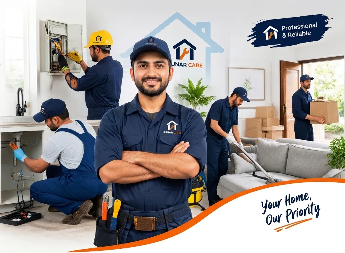 Hunar Care technicians doing electrical, plumbing, cleaning and moving work in a Lahore home