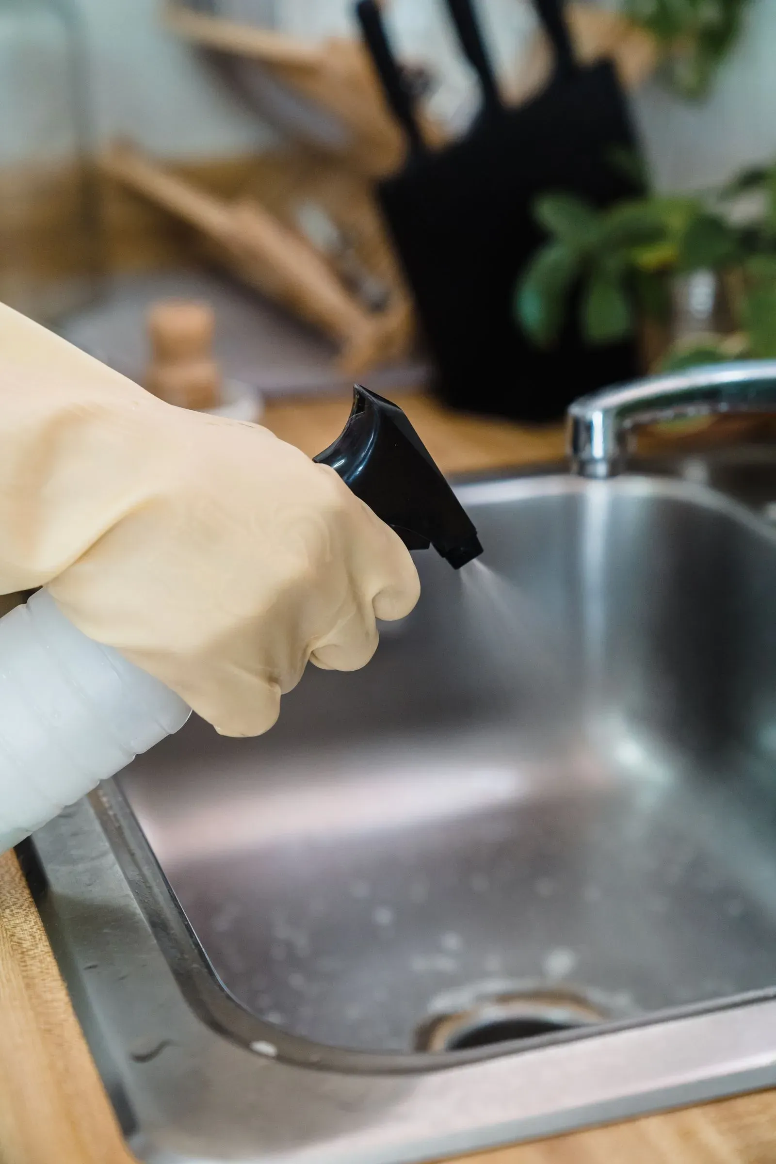 Gloved hand spraying cleaner on a kitchen sink